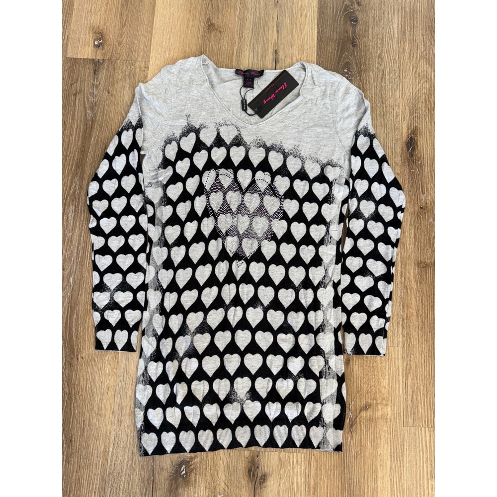 Elena Wang Y2K Whimsygoth Heart Print Rhinestone Sweater Womens S Gray Black